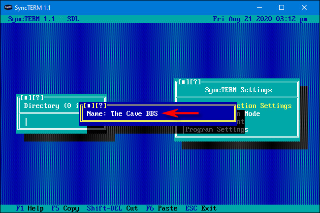Em "SyncTERM 1.1," digite o nome do BBS e pressione Enter.