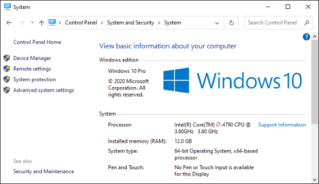 A tela do sistema no painel de controle do Windows 10.