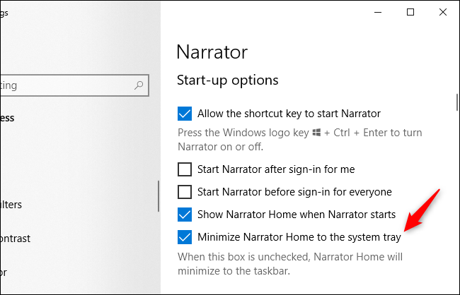 Opções do Narrator do Windows 10 se referindo a uma "bandeja do sistema".