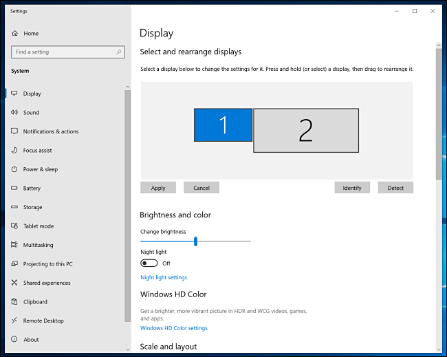 Janela de configurações de exibição do Windows 10