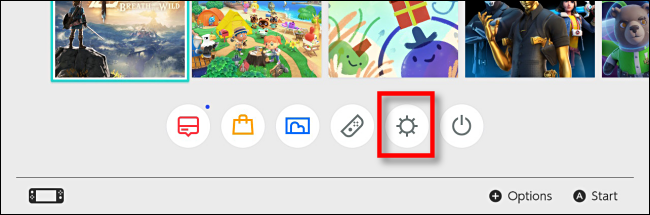 Ícone de configurações do sistema na tela inicial do Nintendo Switch