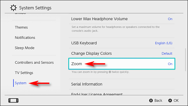 Ative o zoom nas configurações do console no Nintendo Switch