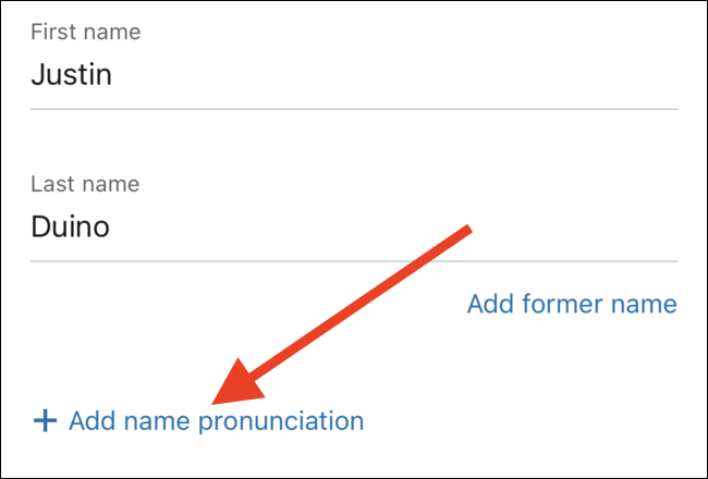 Toque no link "Adicionar pronúncia de nome"