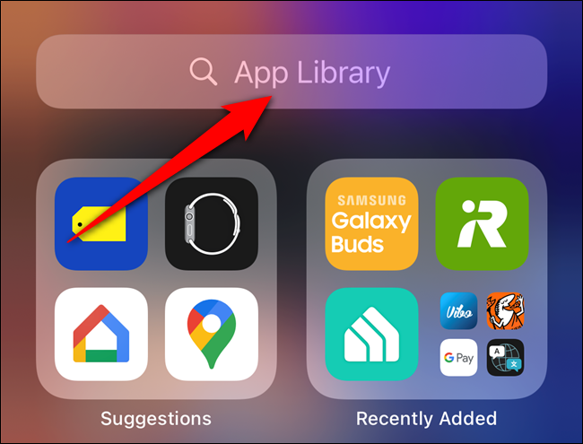 Toque na barra de pesquisa "App Library"