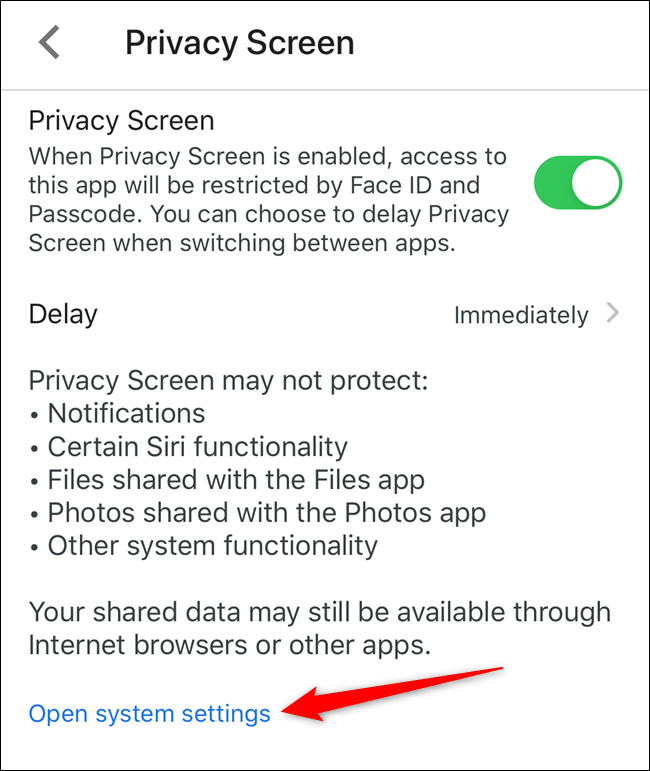 Toque no link "Abrir configurações do sistema" para ajustar as configurações de ID facial ou Touch ID