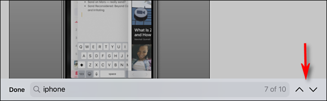 Toque nas setas para mover entre os resultados da pesquisa no Safari no iPhone ou iPad