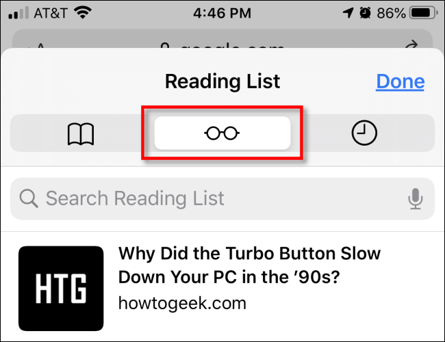Toque no ícone dos óculos no Safari no iPhone para acessar a Lista de Leitura