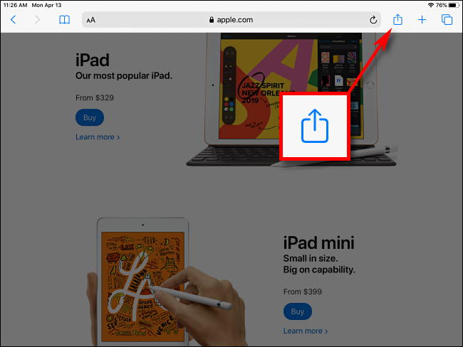 Toque no botão Compartilhar no Safari no iPad