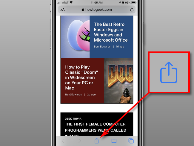 Botão Tape Share no Safari no iPhone