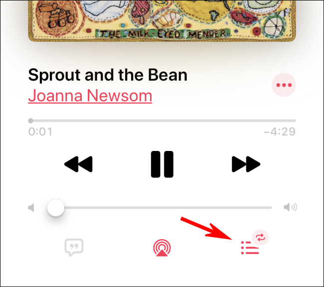 Tocar no ícone Up Next para desligar a repetição no aplicativo Apple Music