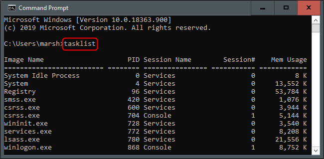 comando da lista de tarefas no prompt de comando