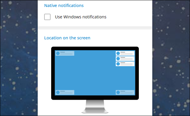 Opções de notificação do Telegram para Windows.