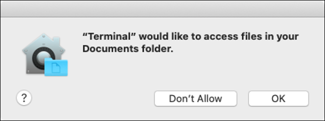 Caixa de diálogo de permissão de acesso ao disco do macOS Catalina