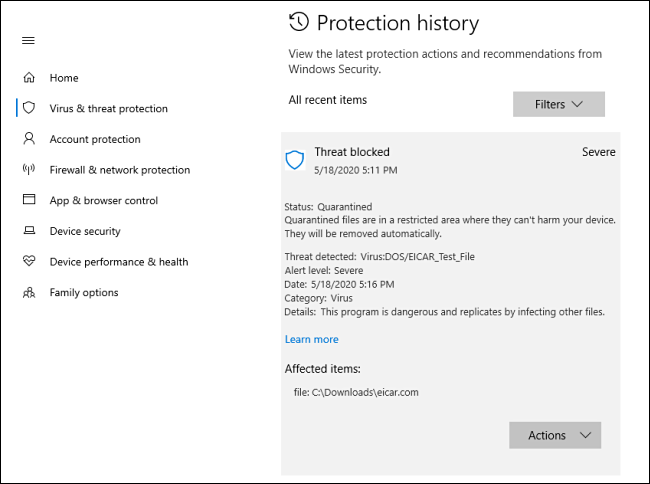 Uma visão detalhada de uma ameaça no histórico de proteção no Windows 10