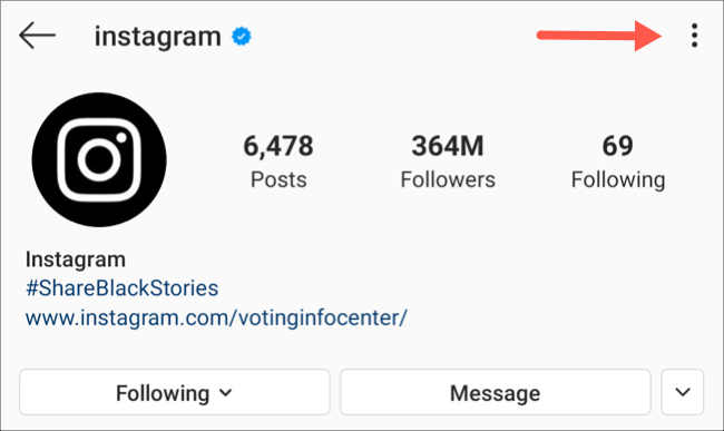 Abra o menu de perfil de três pontos no aplicativo Instagram