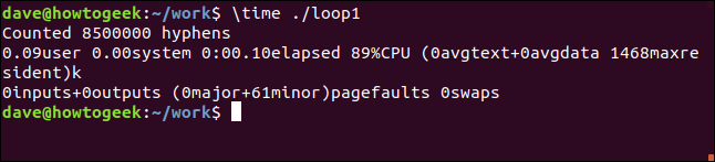 resultados de tempo para loop1 em uma janela de terminal
