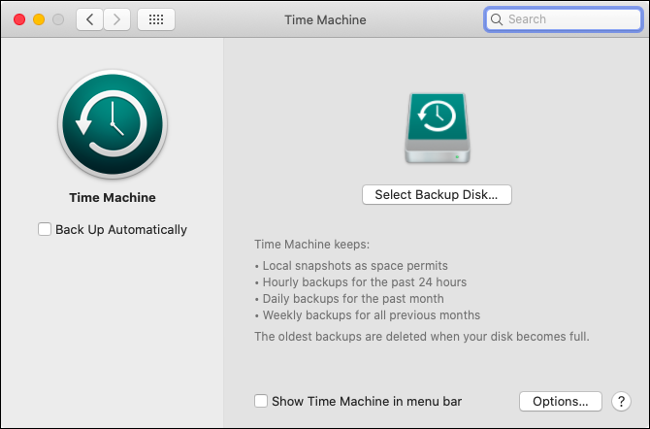 O menu "Time Machine" no macOS.