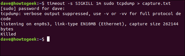 tcpdump eliminado em uma janela de terminal