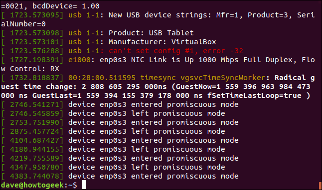 Saída do dmesg em uma janela de terminal