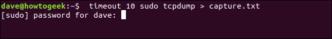 tempo limite 10 sudo tcpdump> capture.txt em uma janela de terminal