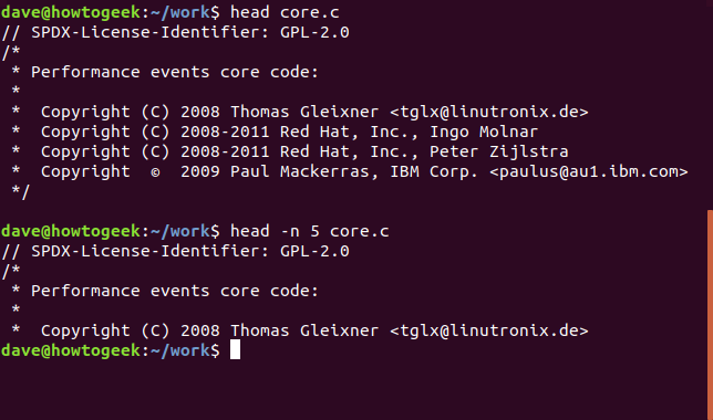 head command in a terminal window