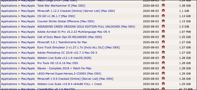 Uma lista de softwares piratas do Mac em um popular rastreador de torrent.