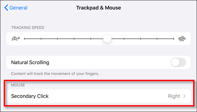 Em configurações de trackpad e mouse, toque em clique secundário no iPad
