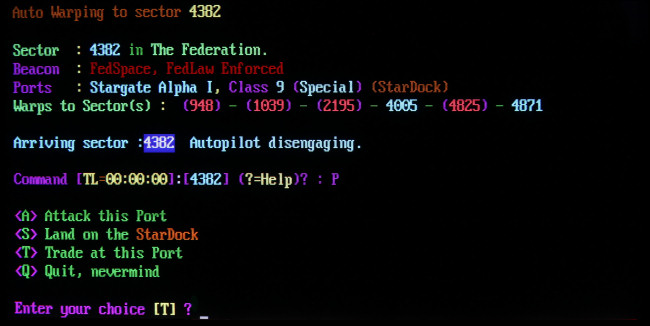 Uma cena de texto do jogo BBS "TradeWars 2002".