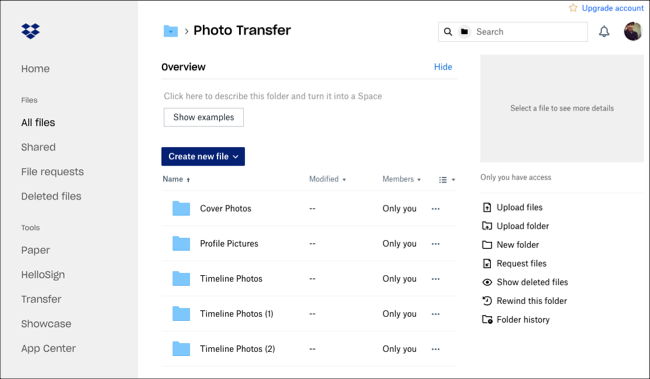 Transfira fotos e vídeos do Facebook para o Dropbox