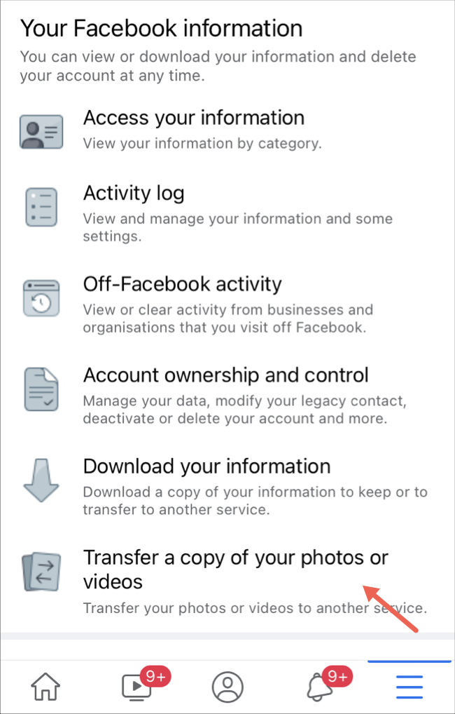 Selecione a opção de transferência de fotos e vídeos no aplicativo do Facebook
