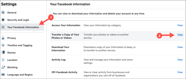 Selecione Transferir cópia de fotos e vídeos nas configurações do Facebook