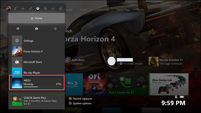 Submenu inicial do Xbox um com texto explicativo em torno do jogo Abzu em transferência.