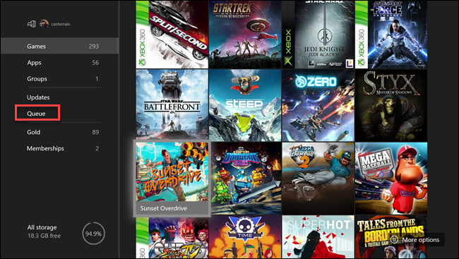 Xbox meu menu de jogos e aplicativos com caixa ao redor da opção Fila.
