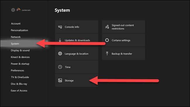 Menus de configurações do Xbox com setas apontando para as opções do sistema e de armazenamento.