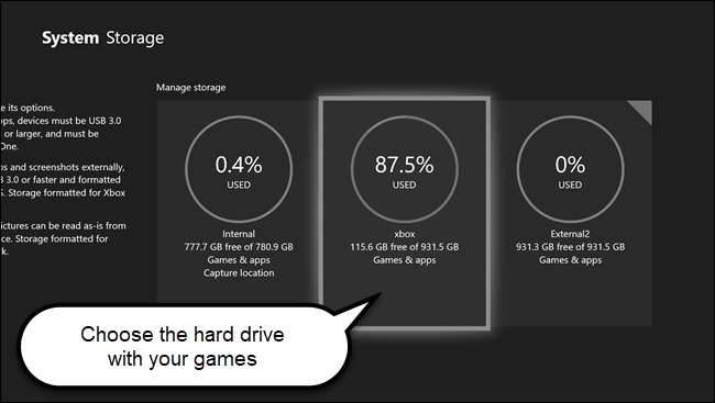 Menu de armazenamento do sistema Xbox com chamada no disco rígido que contém jogos.