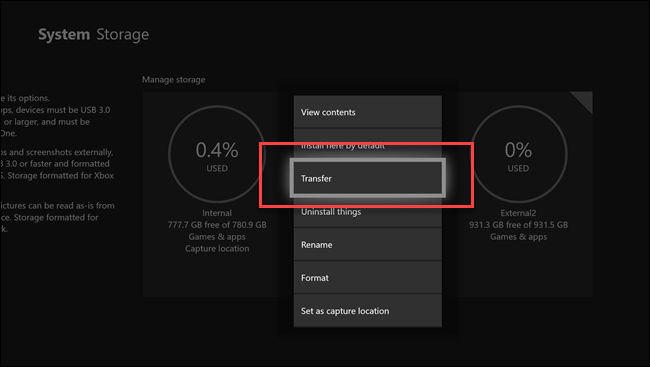 Submenu de armazenamento do sistema com chamada na opção de transferência.