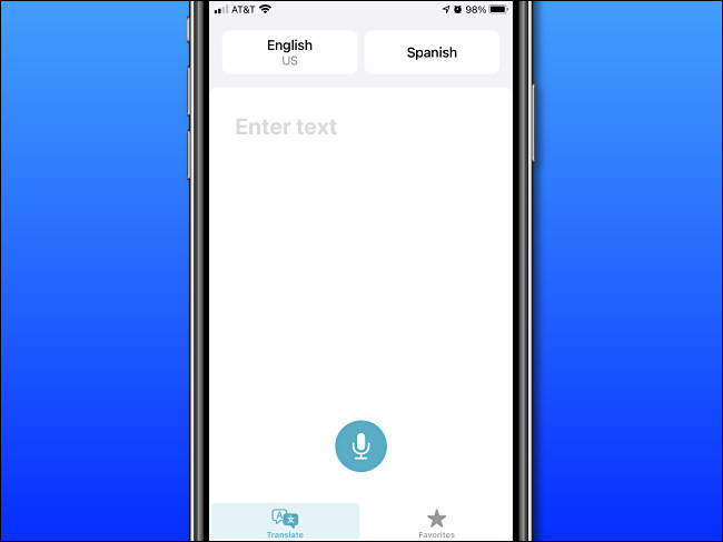 Tela de entrada básica do Apple Translate no iPhone