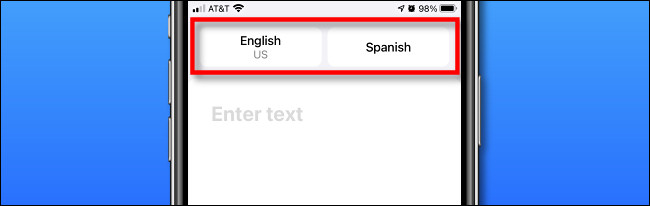 Os botões de seleção de idioma do Apple Translate no iPhone.