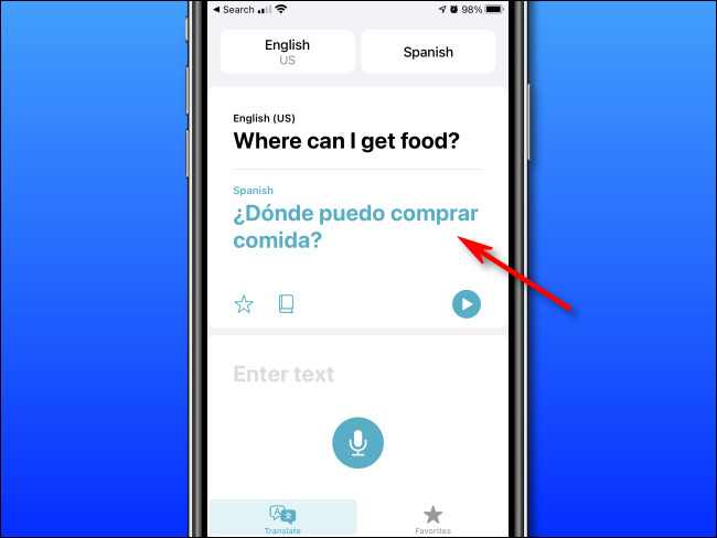 No Apple Translate no iPhone, você verá a tradução resultante logo abaixo do texto inserido.