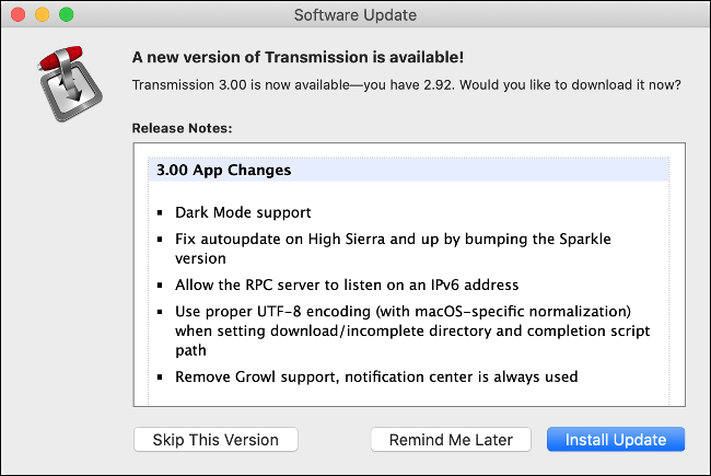 Um menu "Atualização de software" para o aplicativo Transmission.