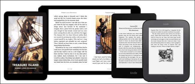 Um e-book de domínio público gratuito de Treasure Island em vários tablets e leitores eletrônicos.