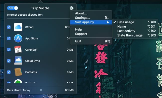 As opções de configurações do TripMode em um Mac.