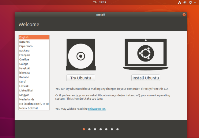 A tela "Experimente o Ubuntu ou instale o Ubuntu" que aparece quando você inicializa o ambiente ao vivo.