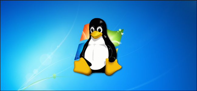 Mascote do pinguim Tux do Linux em um fundo de área de trabalho do Windows 7.