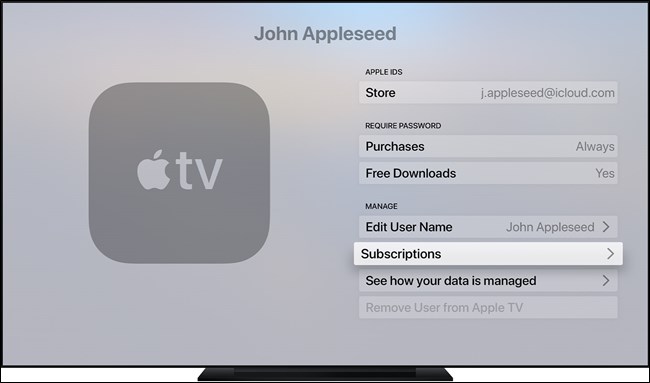 Menu Gerenciar assinaturas da Apple TV