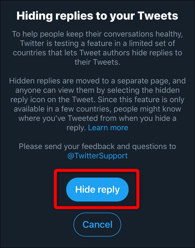 Twitter Mobile Ocultar caixa de diálogo pop-up de respostas