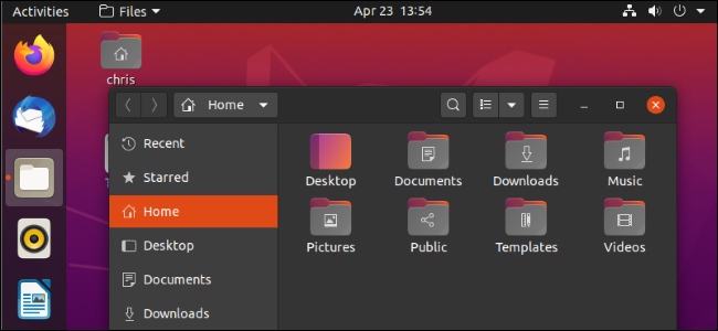 Gerenciador de arquivos Nautilus do Ubuntu 20.04 e desktop com o tema escuro ativado