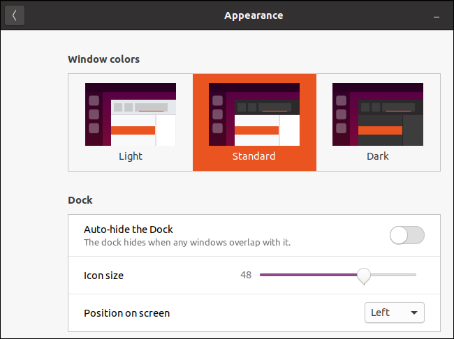 Janela de aparência do Ubuntu com o tema padrão selecionado.