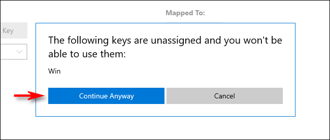 Clique em "Continue Anyway" no PowerToys Keyboard Manager no Windows 10