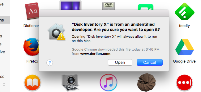 O aviso de "desenvolvedor não identificado" do Gatekeeper em um Mac.